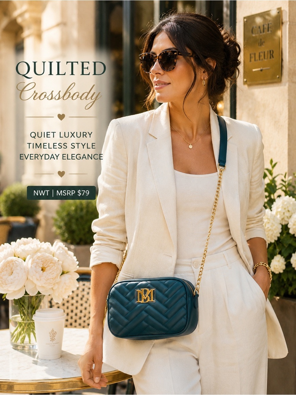 Quilted Teal Camera Crossbody Bag | Quiet Luxury Gold Chain Parisian Chic Travel